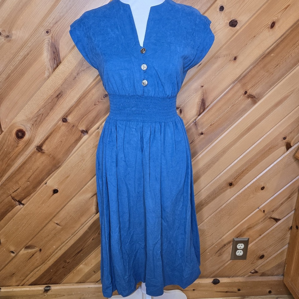 Vtg Toni Todd Suede V Neck Midi Dress Untion Made ILGWU Blue Medium
